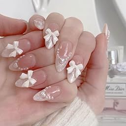 GHER White French Tip Press on Nails Almond Medium Fake Nails with White Pearls Bow Designs Pink Full Cover Glue on Nails Press NAIL 24PCS-image-97