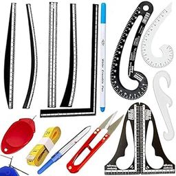 JEFFY Sewing Ruler & Tailoring Tools Set – 15-Piece French Curve, Hip Curve, Measuring Tape, Water Erasable Pen, Thread Cutter & More for Garment Pattern Making & Dressmaking - Black-picture-0