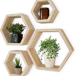 CRAFTED TURN Hexagon Shelves Natural Premium Wood Floating Shelves Set of 4 Wall Shelf for Bedroom, Office, Living Room & Bathroom – Farmhouse Wall Décor - Decorative Wooden Honeycomb Shelves-4