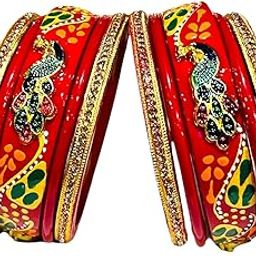 Peacock Design Lac Bangles, Hand Painted, Crystal Studded, Set of 10 Pcs-image-70