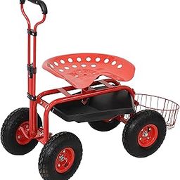 Sunnydaze Garden Cart Rolling Scooter with Extendable Steer Handle, Swivel Seat & Utility Tool Tray, Red-image-52