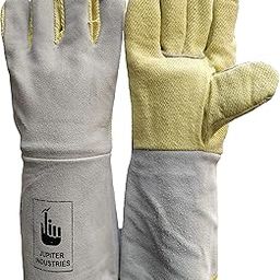 Jupiter Industries Leather Split Kevlar Thread Gloves Heat Resistant Temperature Upto 750 Degree Fahrenheit/400 Degree Celsius For Welding/Furnace/Stove/Fireplace - 14 Inches - Yellow, Pack Of 1-15
