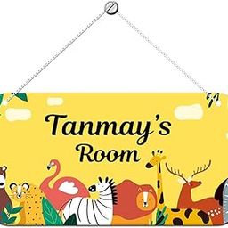 ARTBUG Jungle Theme Customizable Name Door Name Plate for Kids Room, Wall Hanging, Door Signboard, Kids Room Décor, Gift for kids- Size :- 28 x 14 cm, Name - Tanmay-image-79