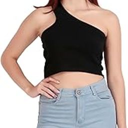 Brisky & Classy Women’s One Shoulder Ribbed Cotton Crop Top – Solid Black Sleeveless Fitted Tank-picture-0