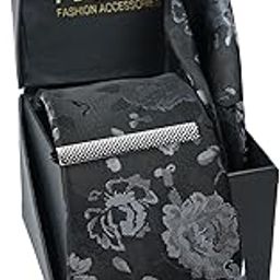 Tie for Men – Self Silk Neck Ties Set with Cufflinks Flower Pin, Pocket Square & Black Gift Box, Combo Necktie Sets for Office Wear, Formal Suits & Weddings (Classic Black, NXSMX_214)-image-81