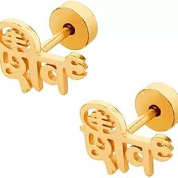 Mens Accessory Shiv Hindi Letters Gold Ear Stud Pair Classic Design Stainless Steel Stud Earring-image-71