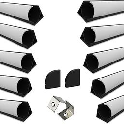 Abaj Lighting (16x16mm) Black Aluminium Round Profile LED Strip Lights 1Meter Round LED Corner Channel Profile with Diffused, Black EndCaps & Mounting Clips Without LED Straight Linear - Pack of 10-19