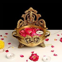 Sudarshan Arts Ganesha Brass Urli Diya lamp with Beautiful Design, Urli Decor, Urli Bowl with Ganesha Idol, Indian Houseware Home and Temple Decor-image-4