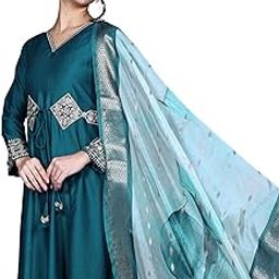 Women's Cotton Silk Embroidered Anarkali Kurta Palazzo with Digital Print Dupatta Set-16