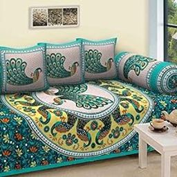 Jaipuri Style 100% Cotton Rajasthani Tradition Set of 6 Piece Cotton 1 Single Diwan Set, 3 Cushion Cover 2 Booster - Abstract (Multicolor)-4