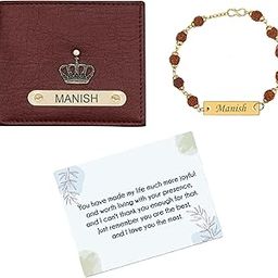Customized Bracelet and Brown Color Wallet Combo with Personalised Message Card, A Customized Purse and Personalized Bracelet with Name - Gift for Her/Him, Brother, Boyfriend and Loved One-1