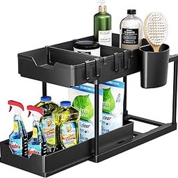 HEMOVIA 1-Tier Under Sink Organizer, Sliding Under Bathroom Cabinet Storage Drawer Organizer Hanging Cup, Dividers, Handles, Multi-purpose Under Sink Shelf Organizer-10