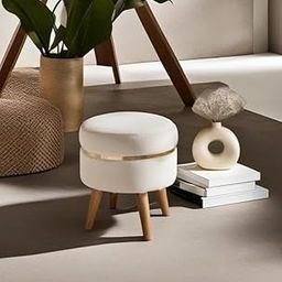 JUMBO CRAFTS Round Wooden Velvet Ottoman - Footrest Stool Linen Fabric Padded Seat Pouffe Ottoman Round Shape Pouffe/Office Stool for Living Room - (Cream)-image-1