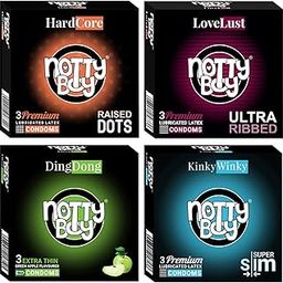 NOTTY BOY Bigger Dots, Ultra Ribbed, Apple, Ultra Thin Multi-pack Condom – 12 Units (Pack of 4)-68