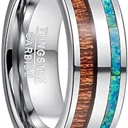 krystalz Men Hawaiian Koa Wood and Blue Opal Inlay Tungsten Carbide Ring Domed Band Comfort Fit-picture-17