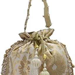 Beige Rounded Brocade Potlis Bag-image-58