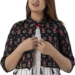 Stylish Rayon Floral Print 3/4 Sleeve NEVI Blue Crop Jacket with TESSAL L(MANSI)-24