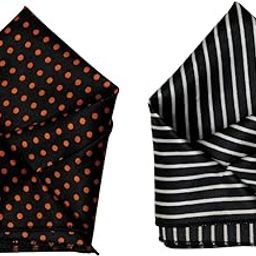 Men's Satin Pocket Square Set - Black with Orange Polka Dots & Black with White Stripes - Stylish Formal & Handkerchief-picture-10