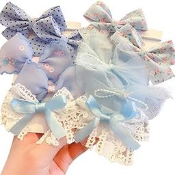 SYGA 10 Pcs Floral & Lace Bow Hair Tie Rope Set for Girls & Women - Sweet Princess Style Hair Accessories (Blue)-image-99