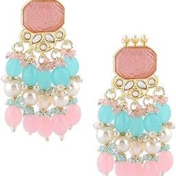 Pink & Turquoise Stone & Cluster Beads Yellow Gold Drop Earring For Women-ZPFK15373-50