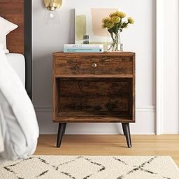 IThree Mid-Century Modern Nightstand with Drawer, Rustic Brown Wood End Table, Storage Side Table with Open Shelf-6