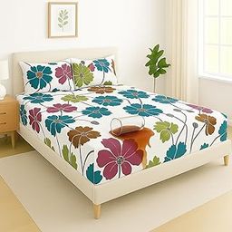 BSB HOME Waterproof Fitted Bedsheet for King Size Mattress 78x72+10 inches with 2 Pillow Covers | Noiseless, All Round Elastic | Leakproof, Dustproof & Skin-Friendly Bed Sheet Set- White & Blue-image-70