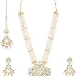 Gold Tone Kundan Multistrand Beaded Long Bridal Necklace Earring Maangtikka Set For Women-ZPFK18017-image-31