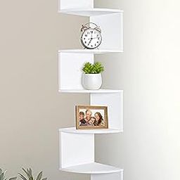 Sidrah Wooden Corner Wall-Mounted 5-Tier Floating Shelves – Modern Storage for Living Room & Office Stylish Zigzag Design for Home & Office (White)-1