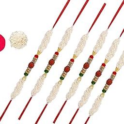 Designer Pearl and Rudraksh Rakhi for Brother with roli kumkum Packets and Happy Rakshabandhan Card-image-48