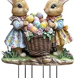 UJEAVETTE 2D Flat Easter Bunnies with Basket Eggs Scene Garden Stake Planter Pot Stake-60