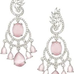 Rhodium-Plated American Diamond Studded Oval & Leaf Shaped Drop Earrings For Girls and Women-picture-1