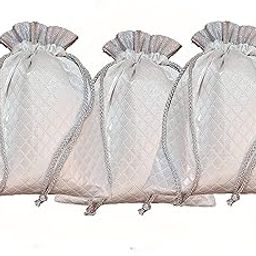 Leather Look Silver Quilted Brocade Fabric Potli Bags for Diwali Gift Wrap - 3 Potli Bags - Size 13" by 10" - Capacity 1 KG Dry Fruits-image-21