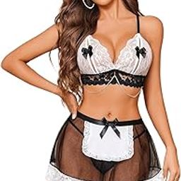 LUXZII Sexy Lingerie Maid Costume Set – Sheer Lace Bra & Skirt Apron with Bows and Pearl Chain, Flirty Roleplay Outfit for Bedroom or Valentine’s Night, Babydoll Dress for Honeymoon-image-91