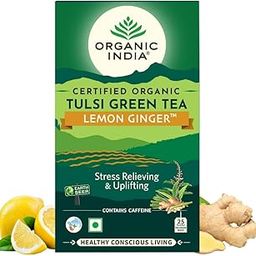 A TATA Product - Organic India Tulsi Green Tea Lemon Ginger - 25 Tea Bags, Herbal Blend with Green Tea, Tulsi, Lemon & Ginger, Supports Digestion, Refreshing Taste, Natural Ingredients-57