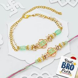 eCraftIndia Lotus Floral Designer Kundan Rakhis for Brother and Bhabhi | Bhaiya Bhabhi Rakhi Set of 2 | Bracelet Lumba Rakhi | Best Bro Ever Fridge Magnet | Roli Chawal Pack-13