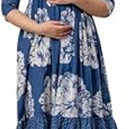 Women's Cotton Maternity Dress for Pregnancy, Nursing | 3/4 Sleeve Feeding Kurti with Zippers |Blue Flower Printed| Flared Gown for Pre & Post Pregnancy-image-63