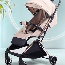 Bonfino AirLuxe Premium Cabin Baby Stroller with Compact Tri-Fold,Reclining Backrest&5-Point Safety Harness,Lightweight Pram for Baby,Stroller for 0-3Years with Storage Basket&Swivel Wheels,Beige-image-35