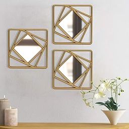 Art Street Golden Set of 3 Square Shape Decorative Wall Mirror for Home Decoration, Wall Decoration-10 X 10 Inches, Framed - Glass-7