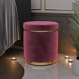 ETIQUETTE ART Velvet Round Dual Strip Ottoman Office Stool Foot Rest Stool Linen Fabric Padded Seat Pouf Ottoman with Round Shape for Living Room (Pink)-4