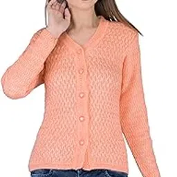lady willington Women's Woolen V-Neck Self Design Rainbow Fabric Cardigan - Winter Wear Pure Wool Cardigan for Women - Free Sizes (L, Peach)-picture-1
