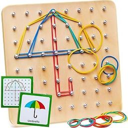 Bestie toys Wooden Geoboard Mathematical Manipulative Material Array Block Geo Board Educational Toys with 30Pcs Pattern Cards and Latex Bands Shape STEM Puzzle Matrix Brain Teaser for Kid-picture-19
