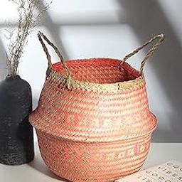 Wicker Basket For Plants | Wicker/Seagrass Basket Home Décor | Wicker/Bamboo Basket For Decoration | Belly Seagrass Basket ((S) - Belly Basket Pink)-image-6