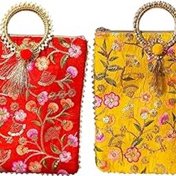 Colorful Embroided Round Handle Golden Flower Pattern Royal Batwa Bag Bridal Purse Women handbag Shagun Pouch Return Gifts (pack of 2)-image-54