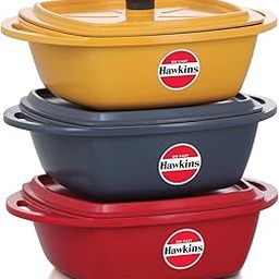 Hawkins Kitchen Gift Pack 2023 (23DGP) 3 Pieces Set of Die-Cast Square Mini Casseroles for Cooking, Reheating, Serving and Storing, Aluminium, Red, Yellow, Grey, 2.25 litre-image-57