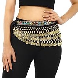 Belly Dance Hip Scarf Belt with Coins and Jewels, Black and Gold, Multicolour Gemstones-image-4