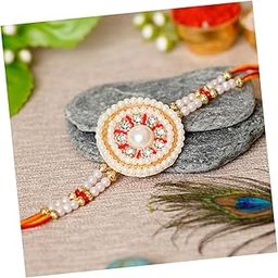 eCraftIndia Desginer Stone and Pearl Rakhi for Brother and Roli Chawal Pack, Best Wishes Greeting Card, White, Gold, Red, One Size (D951P6C6)-image-6