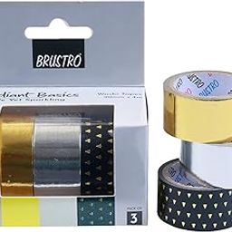 BRUSTRO Radiant Basics Washi Tape – Simple Yet Sparkling (Set of 3) | 20mm x 4m | Golden Shade, Silver, Black with Gold | Ideal For Scrapbooking,Card & Gift Wrapping,DIY,Home Decor,Art,Craft Supplies-image-51