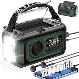 12000mAh Emergency Weather Radio, Hand Crank Radio Solar Radio Portable AM/FM/NOAA Radio with 2 Solar Panels 3 Charging Methods SOS Alarm 3 Mode Flashlight Phone Charger Compass Reading Lamp-picture-20