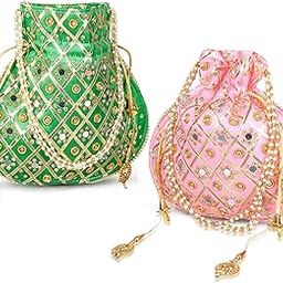 Potli | Wedding Potli | Drawstring Potli with Handle | Wallet Potli | Christmas Gift Potli | Baby Shower Potli | Mirror Check-Shagun Potli | Pack of 2 | Multi-49