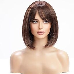 Synthetic Bob Wig for Women Short Off Highlights Bob Natural Looking Straight Ladies Daily Hair Wig with Hair Bangs, Highlights Color (Highlights Color)-34